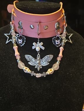 Pink Gothic Moth & Charm Layered Choker Necklace